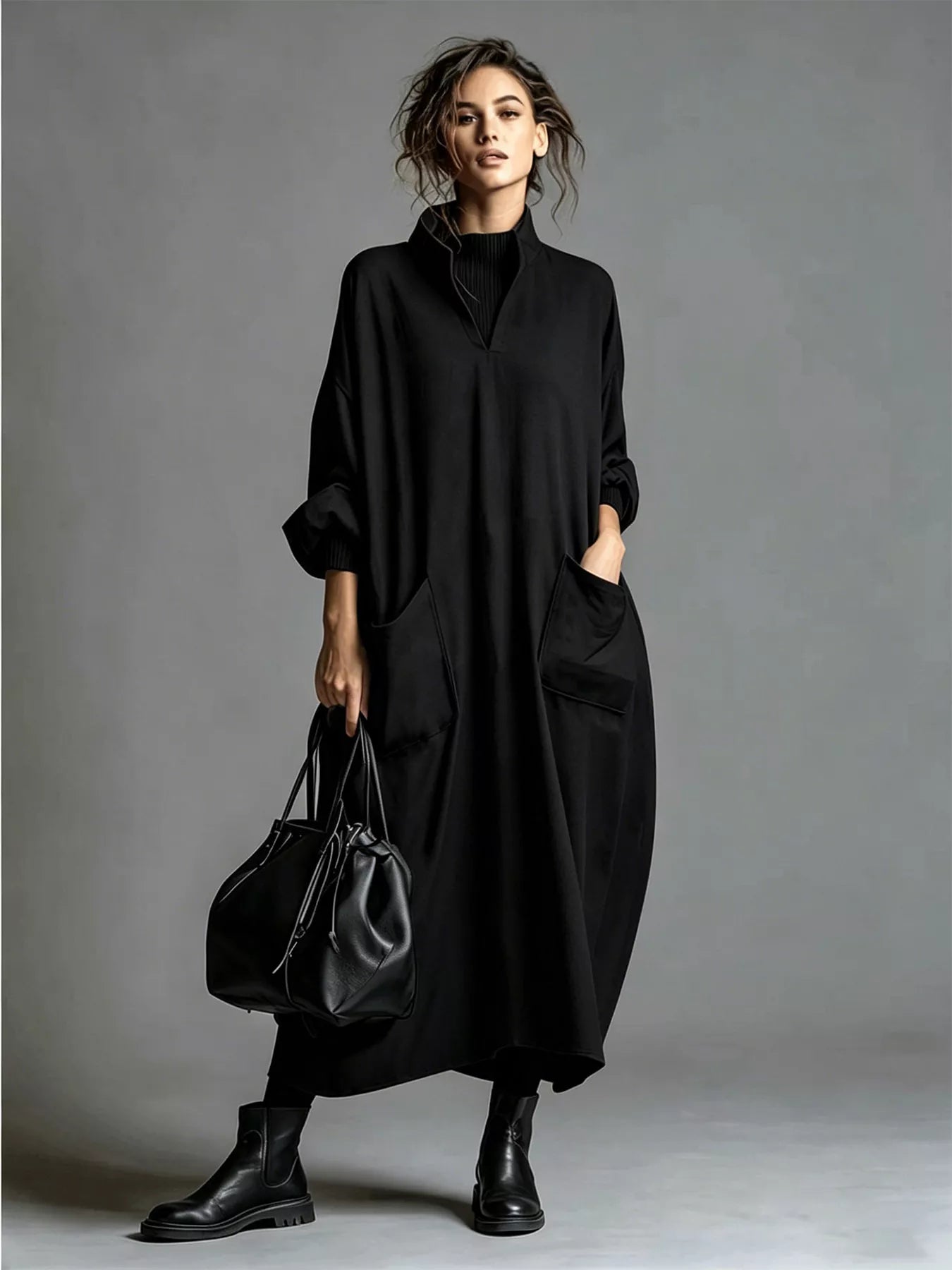 Trendsi Full Size Loose-Fit Mock Neck Midi Dress with Pockets Plus Size -