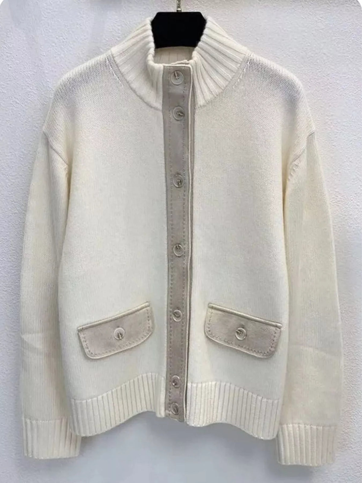Ribbed-Knit Mock Neck Cardigan in white, front view