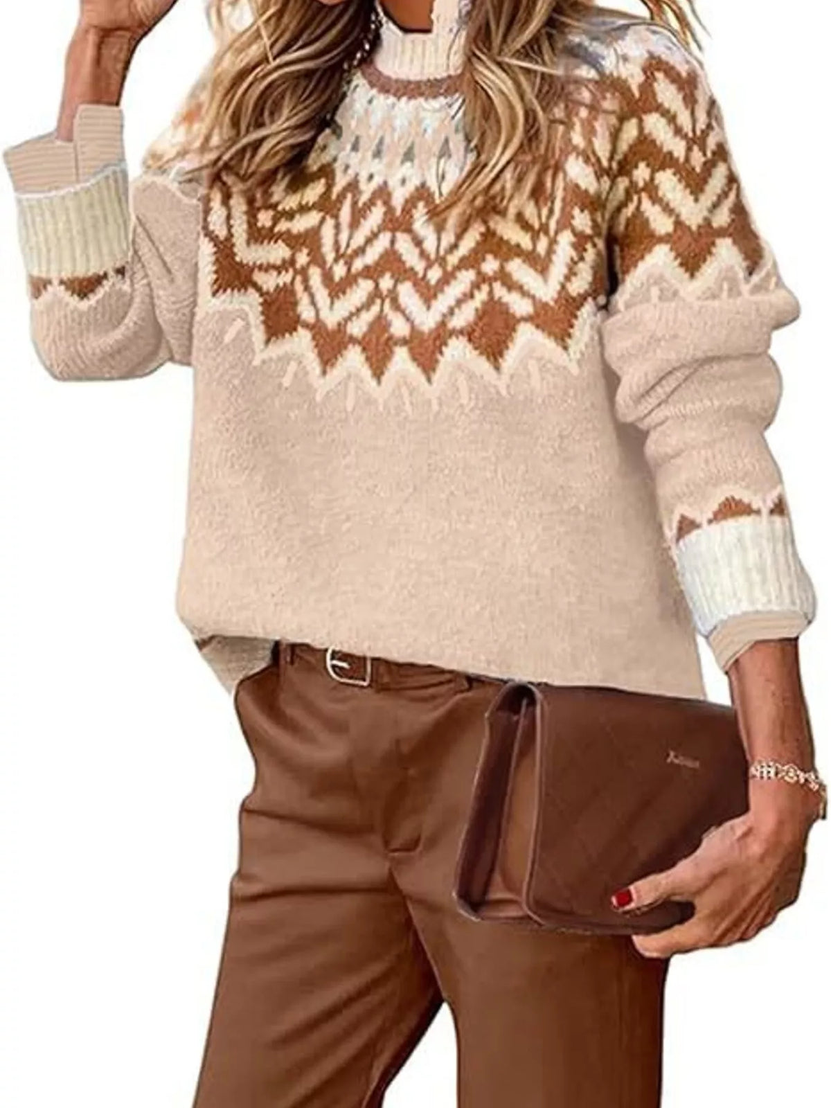 Fair Isle Patterned Long Sleeve Sweater in beige, front view
