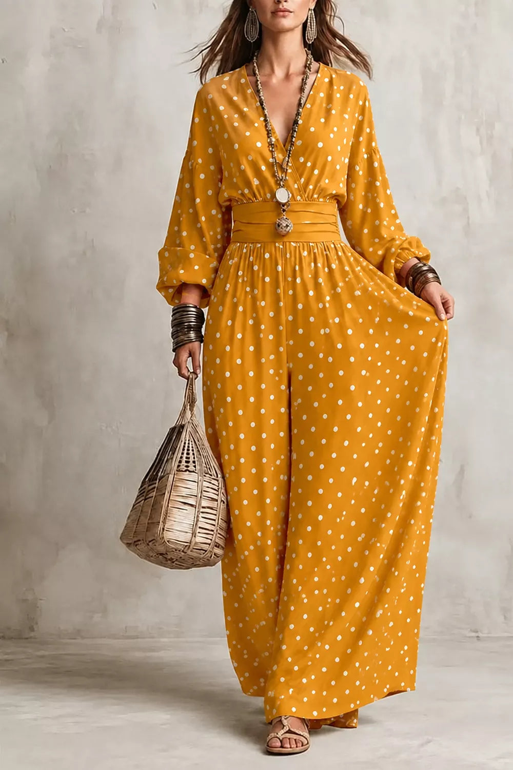 Women's Polka Dot Wide-Leg Jumpsuit in Mustard, front view