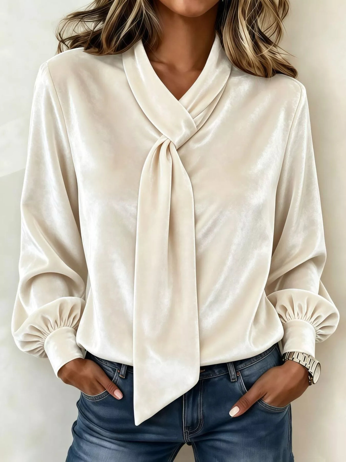 Women's Velvet Tie-Neck Long Sleeve Top in cream — front view