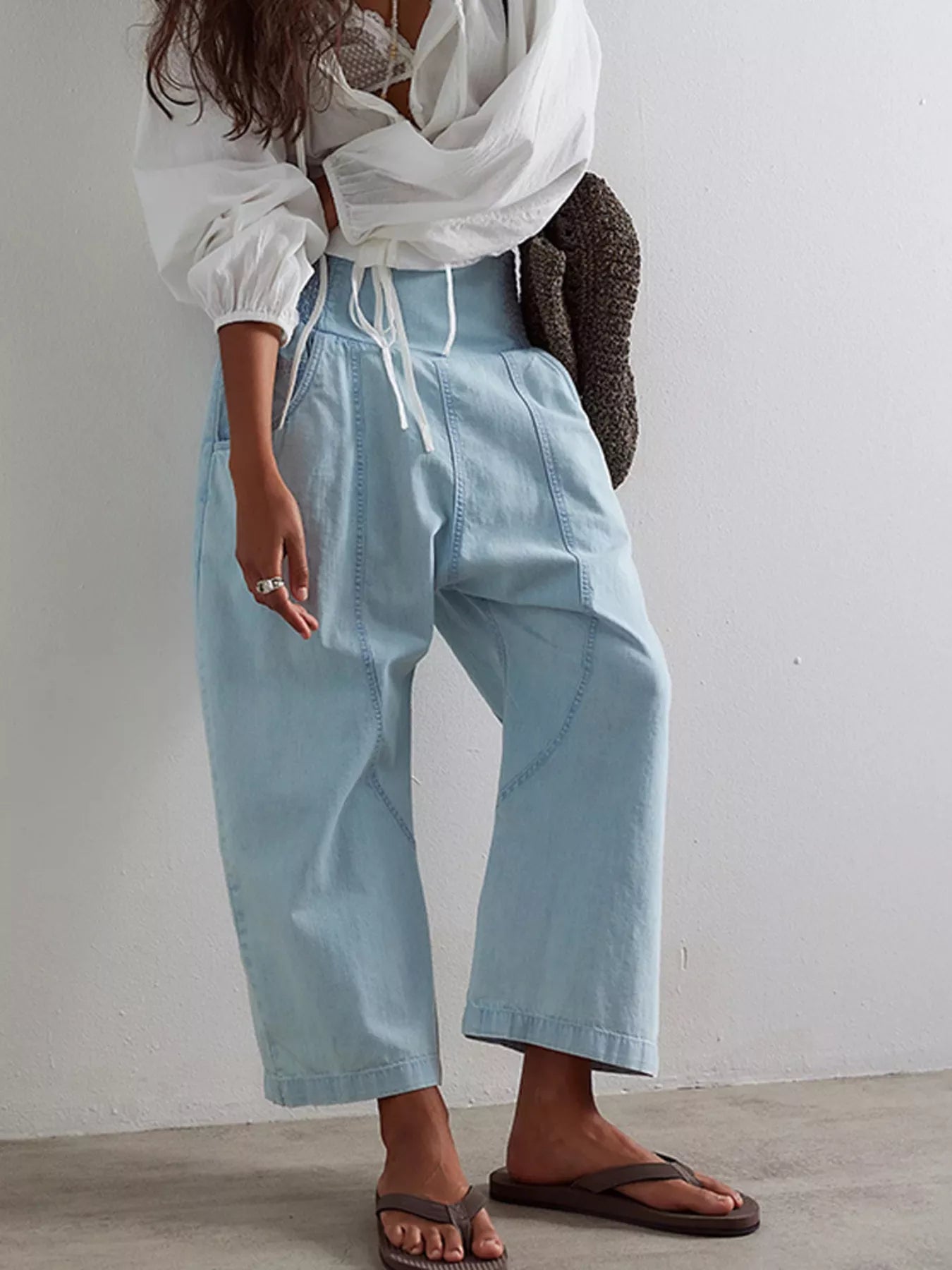 Trendsi Smocked High-Waisted Wide Leg Jeans -