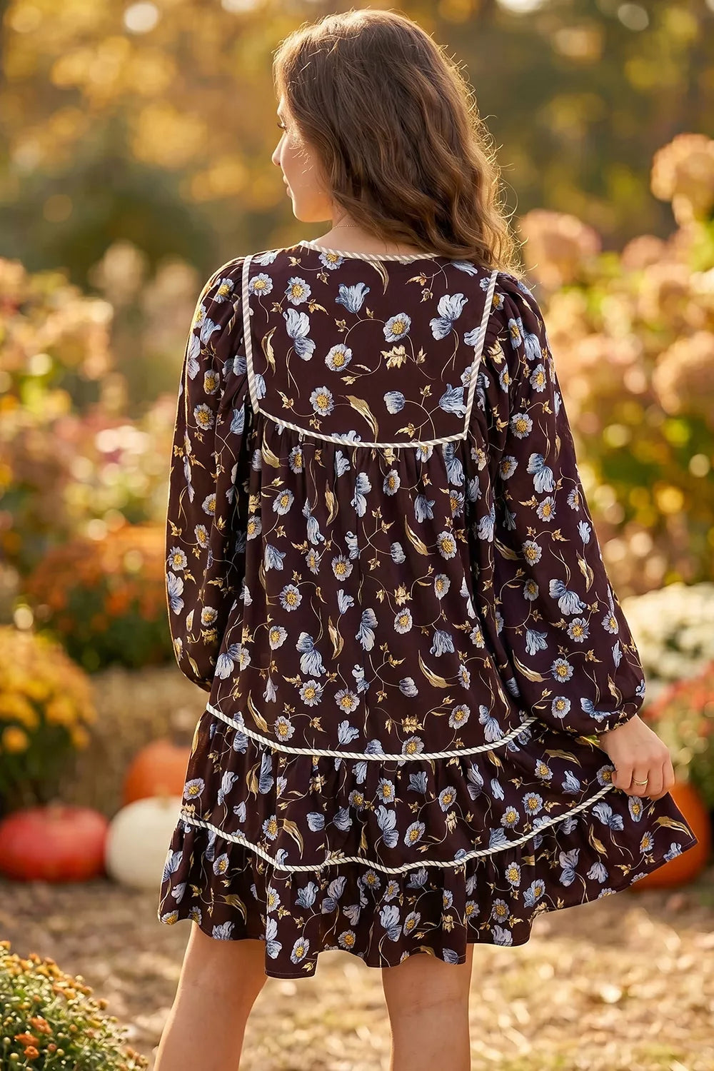 Trendsi Floral Print Shirred V Neck Shift Dress -