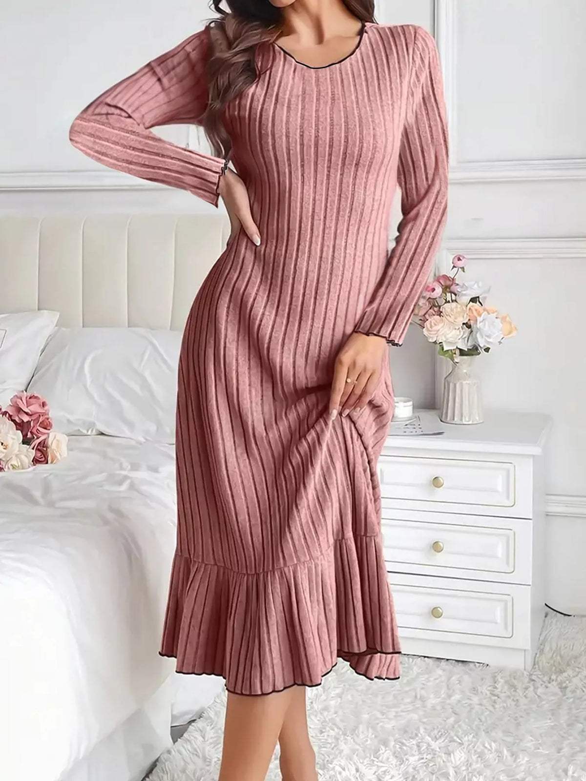 Dusty rose ribbed knit ruffle-hem bodycon dress