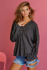 Trendsi BiBi Textured Knit Hoodie with Buttoned Placket -