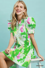 Trendsi Umgee Floral Puff Sleeve Tiered Mini Dress -