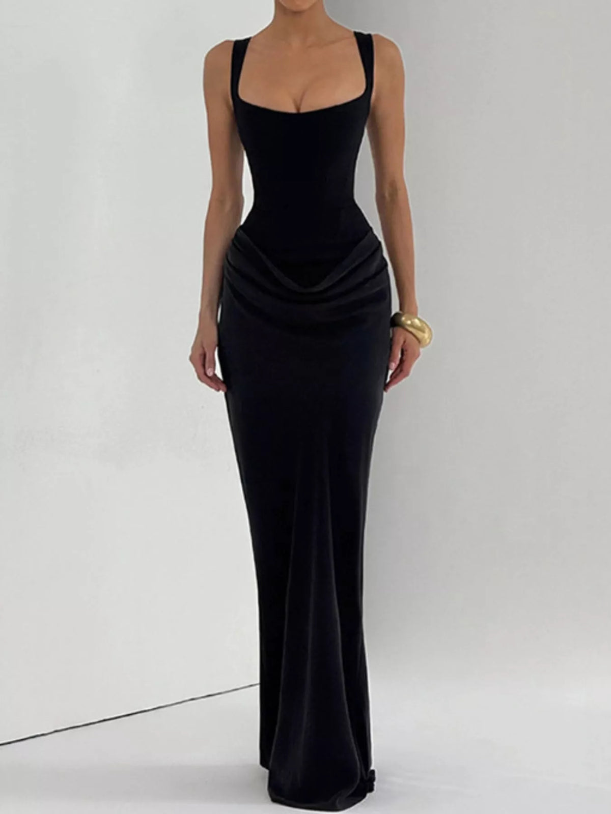 Square neck sleeveless maxi dress, front view on model