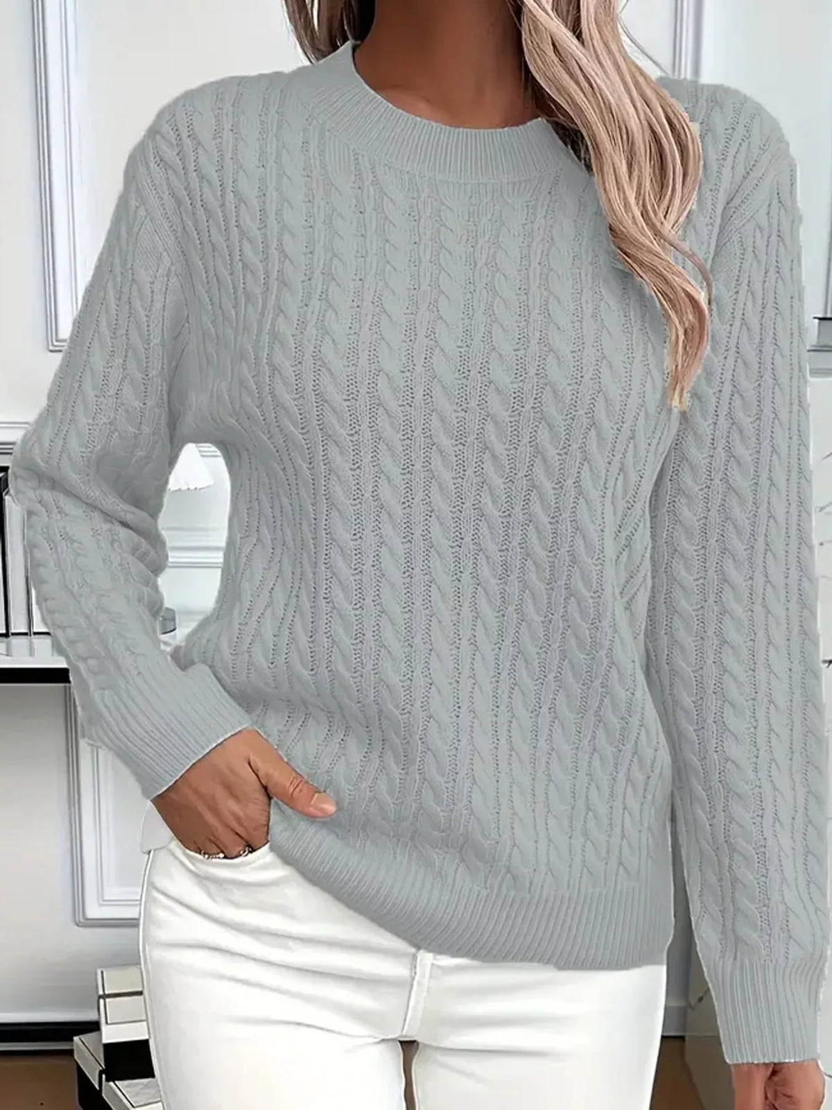 Silver Gray cable knit round neck sweater