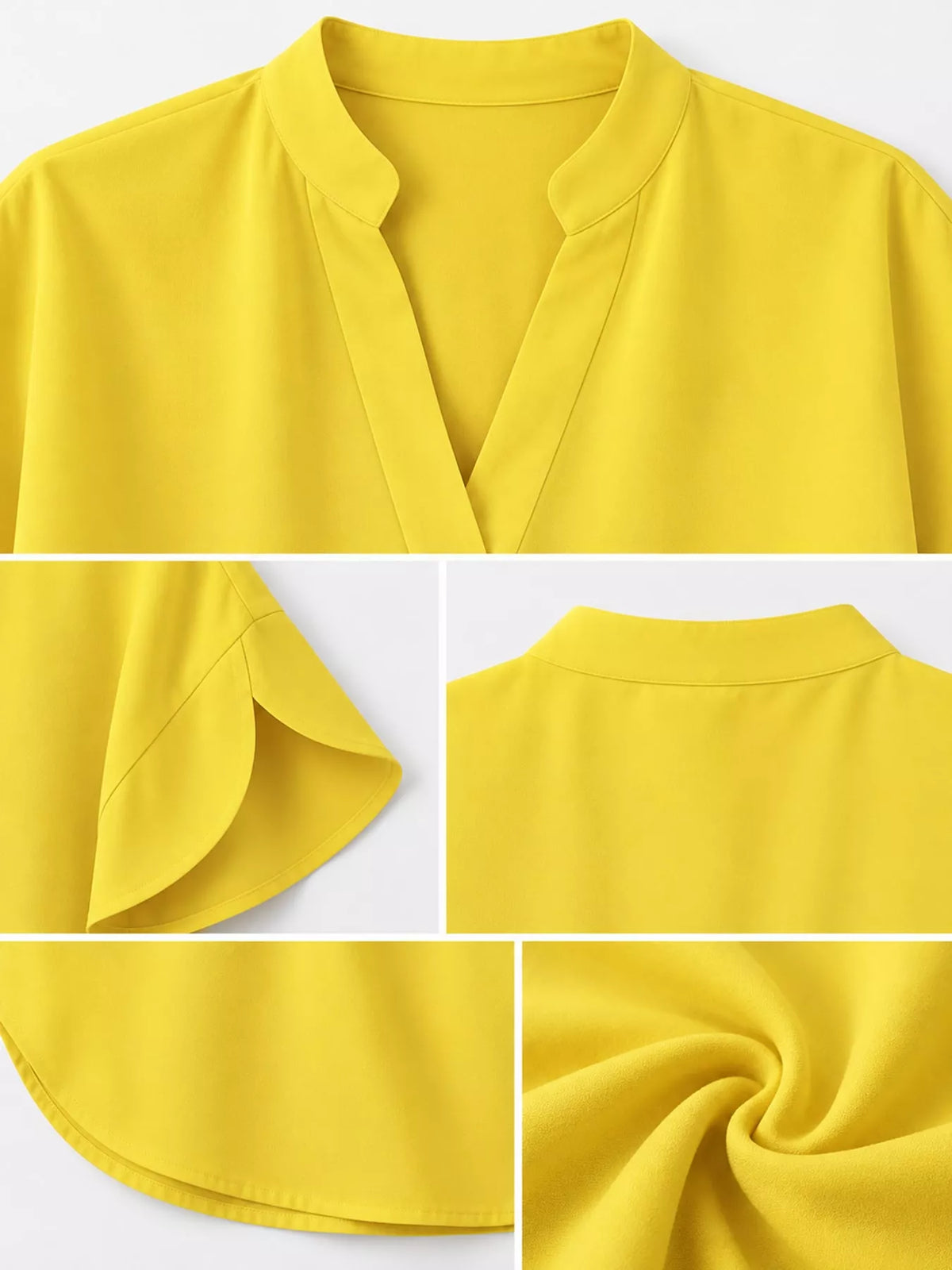 Women's Notched Slit Short Sleeve Blouse in yellow — detail collage view