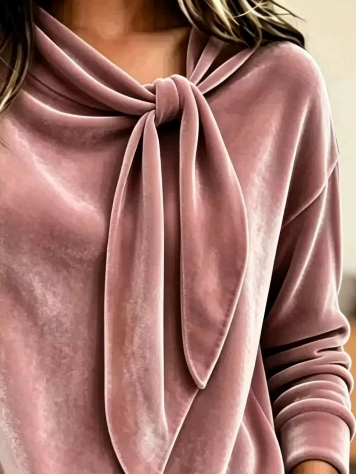 Women's Velvet Tie-Neck Long Sleeve Sweatshirt in pink — neckline detail view