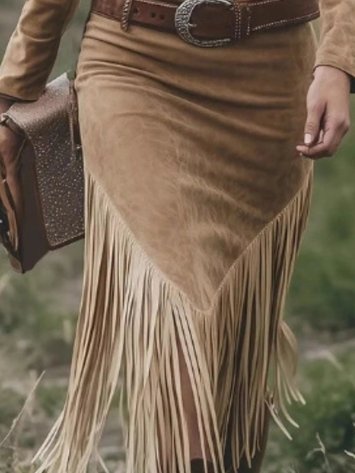 Tan fringed zip-front dress, pointed hem and fringe detail