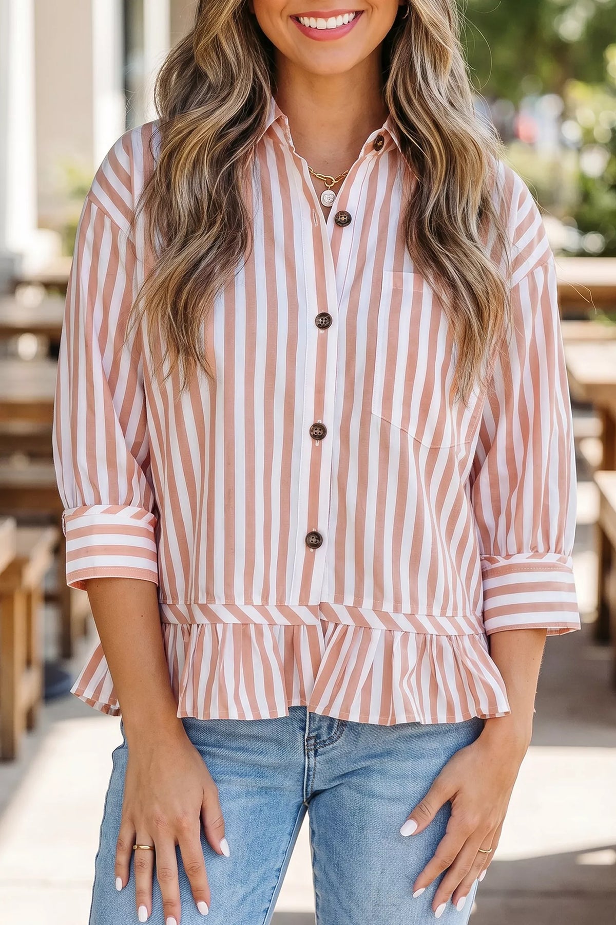 Women's pale blush striped button-front bracelet sleeve ruffle hem shirt