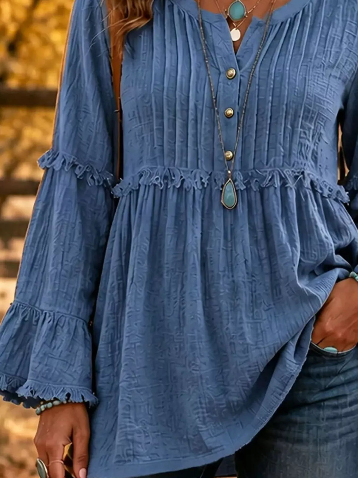 Trendsi Full Size Frill Notched Long Sleeve Blouse Plus Size -