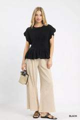 Trendsi Umgee Linen Blend Smocked Peplum Blouse -