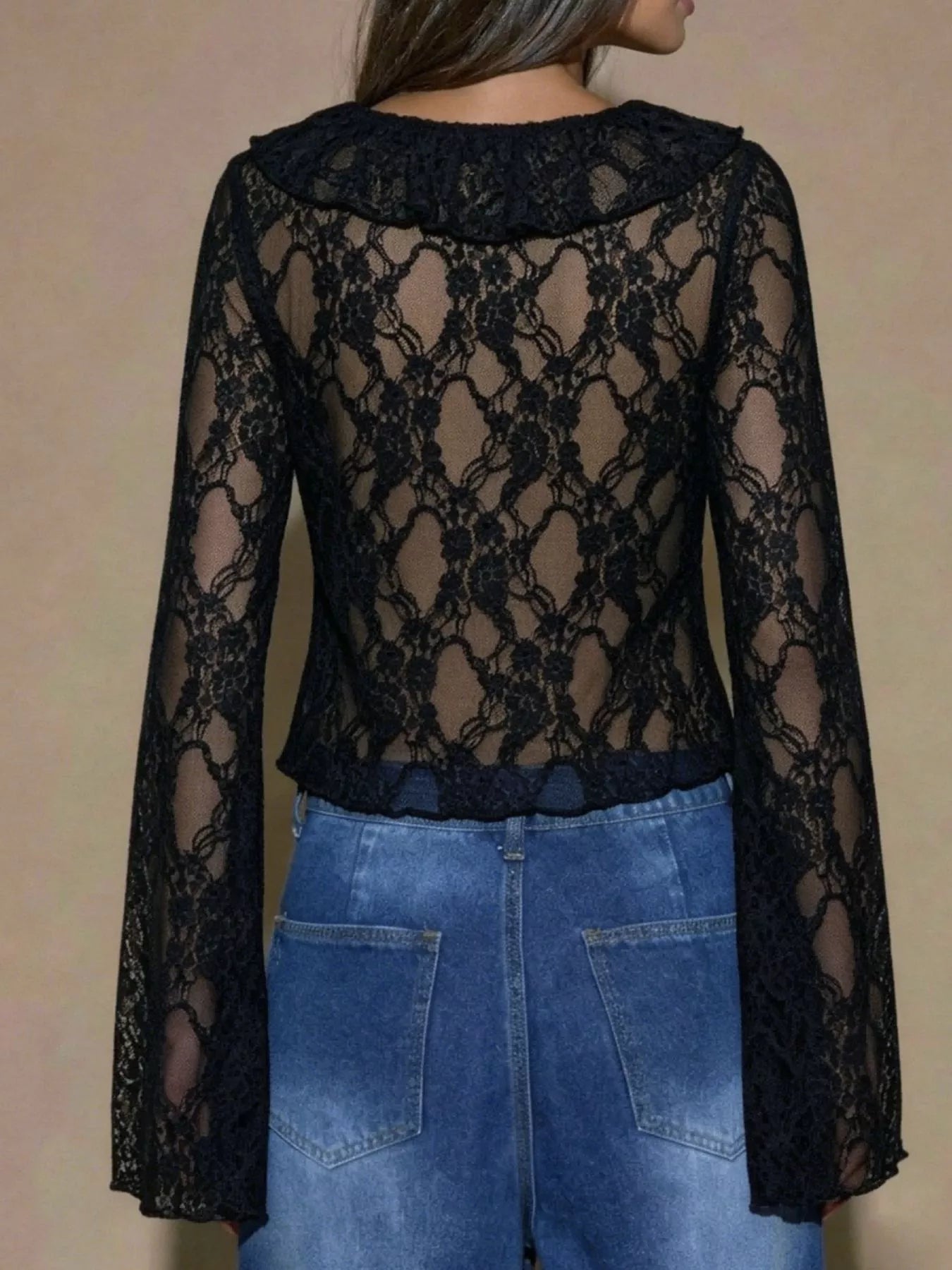 Trendsi Sheer Lace Ruffle Tie-Front Blouse -
