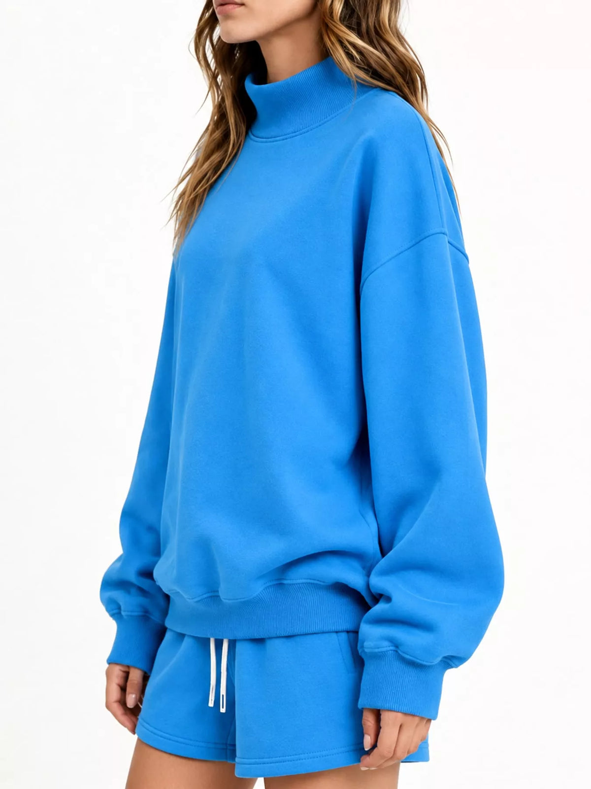 Blue oversized dropped shoulder sweatshirt, side view