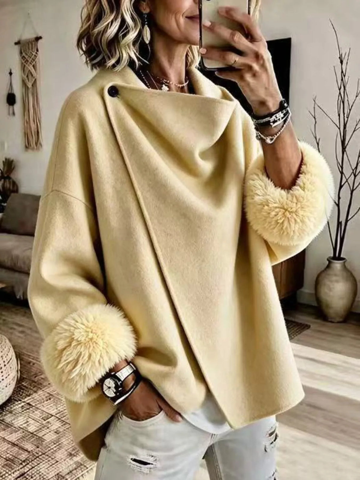 Asymmetric Buttoned Jacket with Faux Fur Cuffs, front view