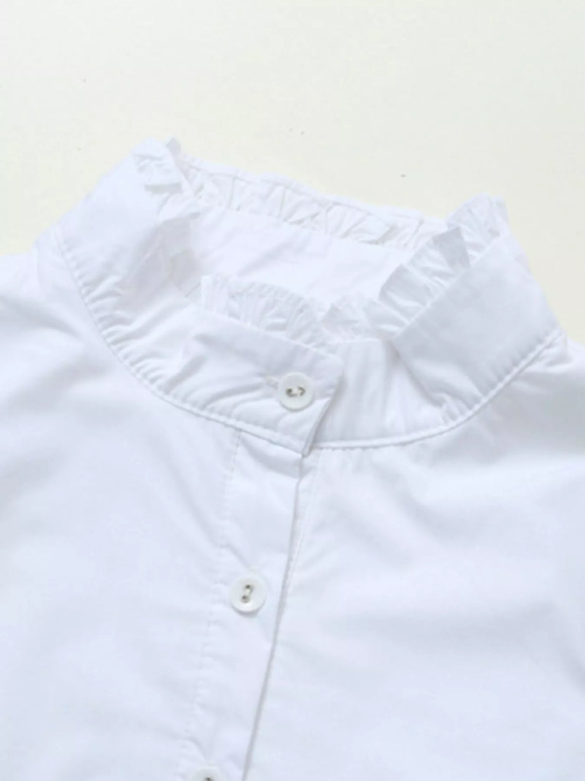 Ruffle-Neck Longline Blouse with Elastic Waist, detail view in white