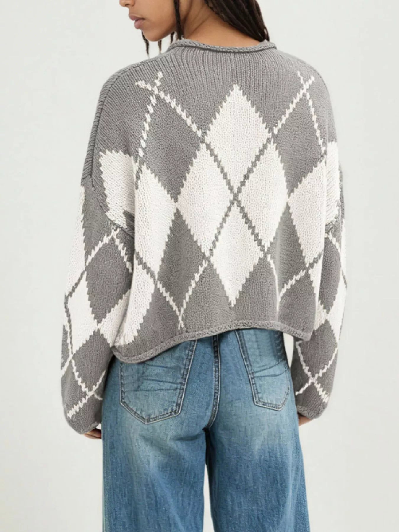 Trendsi Argyle Pattern Knit Dropped Shoulder Sweater -