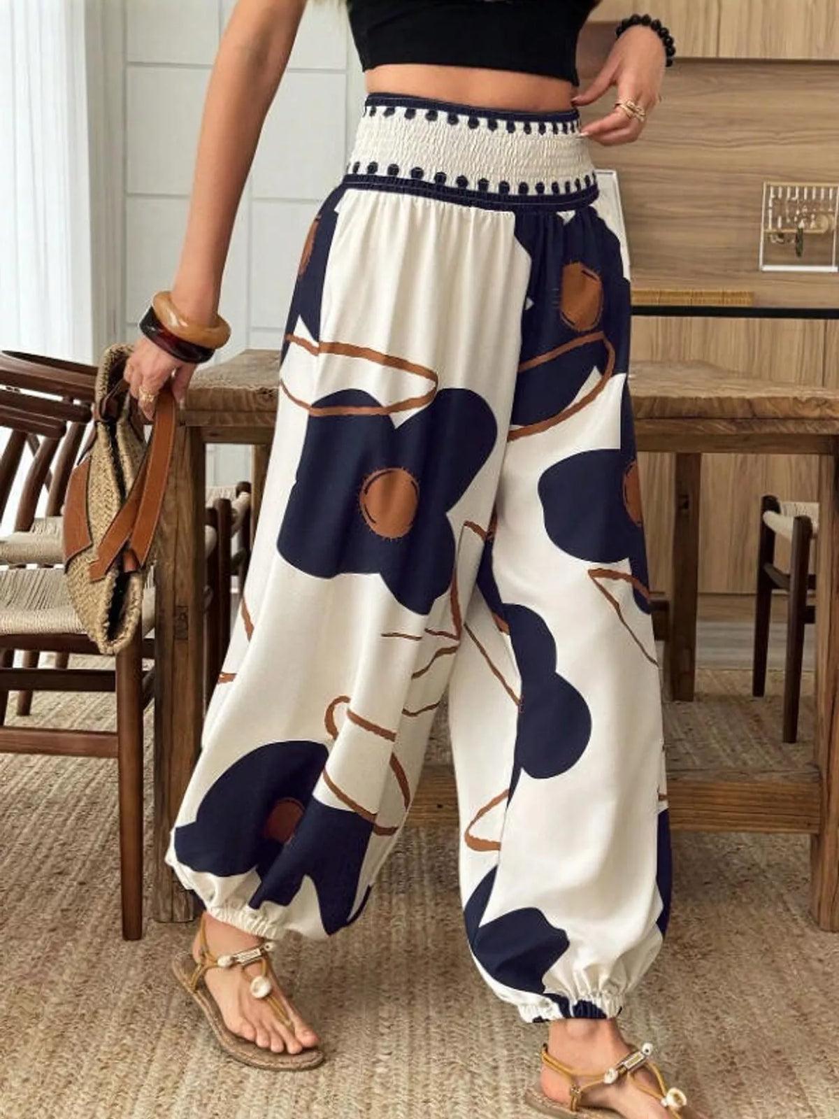 Dark Blue floral print wide-leg pants