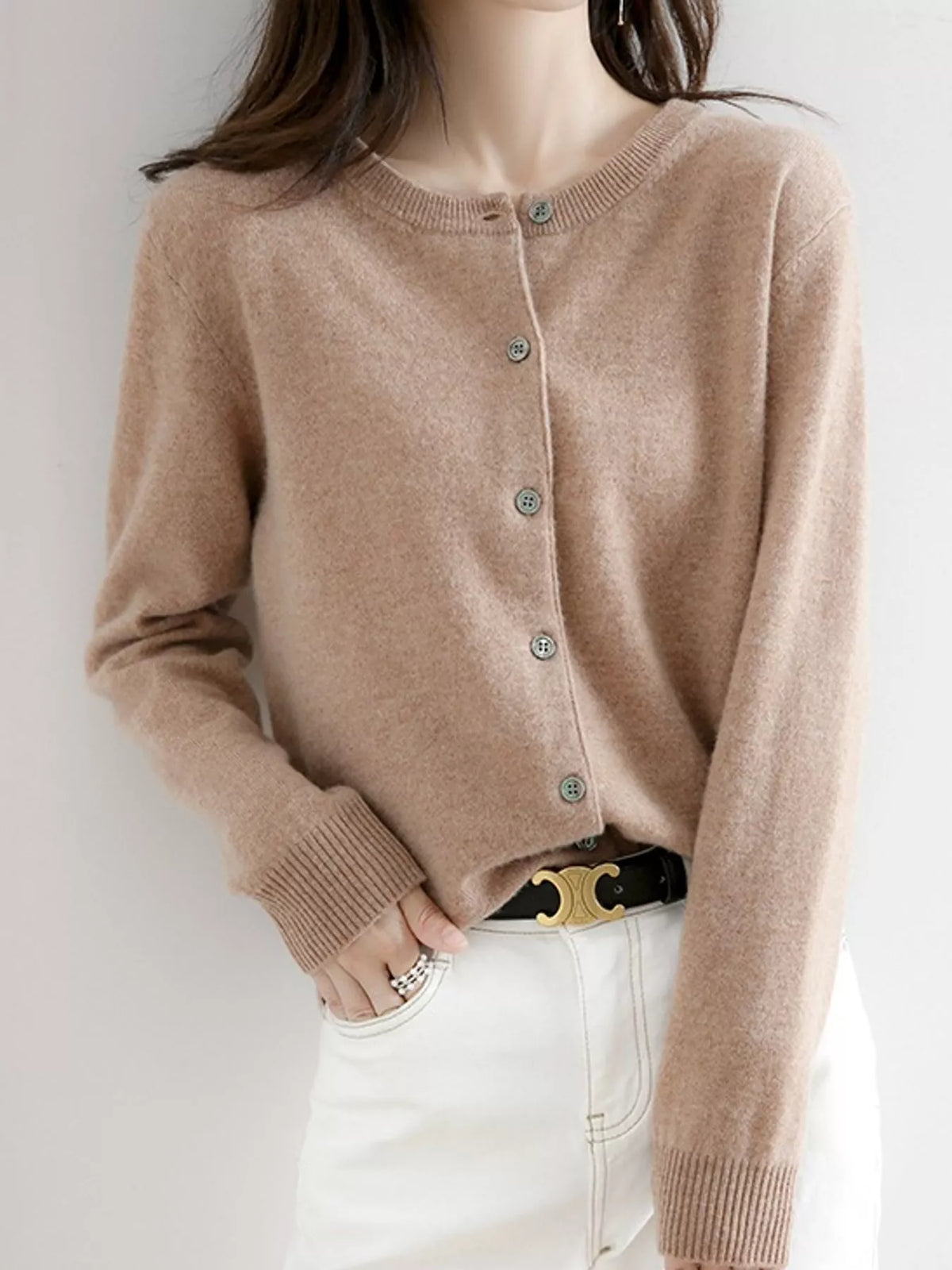 Button-down cardigan, taupe front
