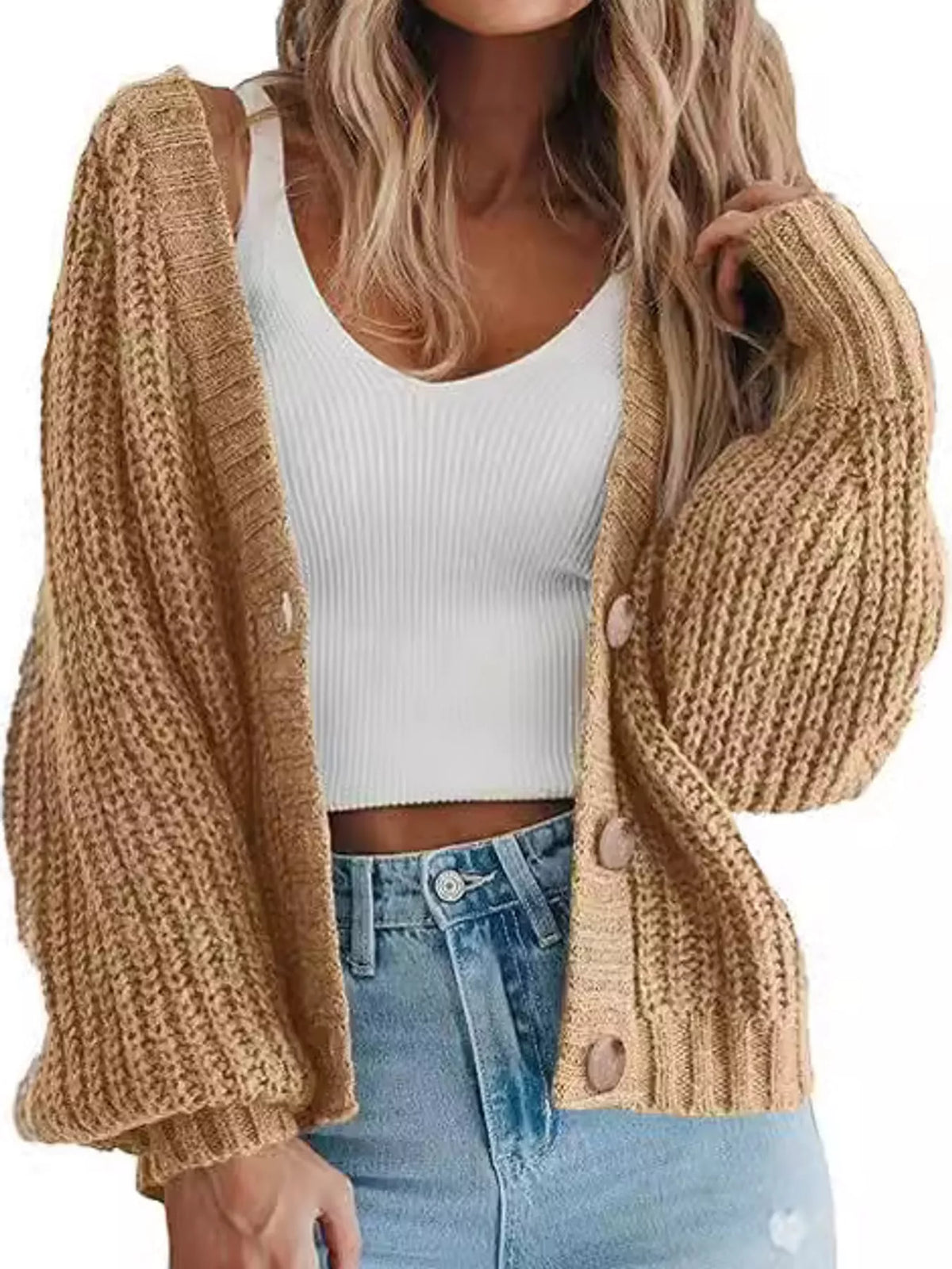 Button cardigan, tan front