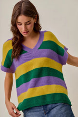 Trendsi SO ME Mardi Gras Loose Fit V Neck Stripe Sweater Top -