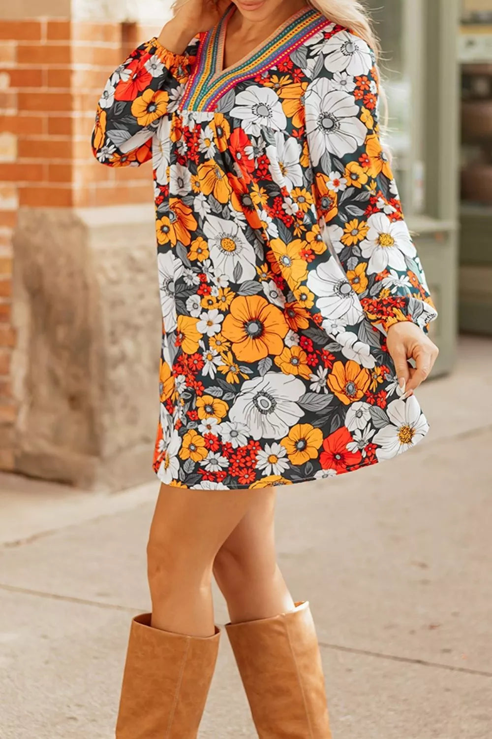 Trendsi Boho Floral Print V-Neck Mini Dress with Pockets - Dresses