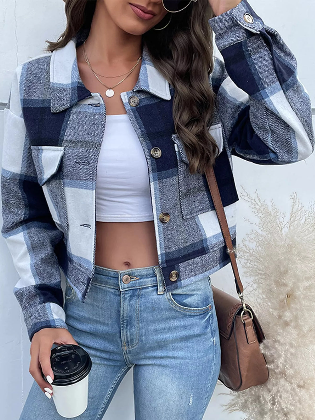 Plaid cropped jacket, blue white front button detail