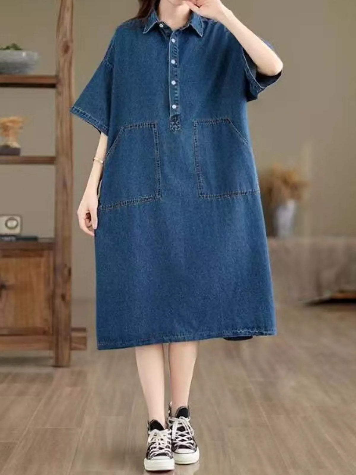 Blue button front denim shirt dress, front view