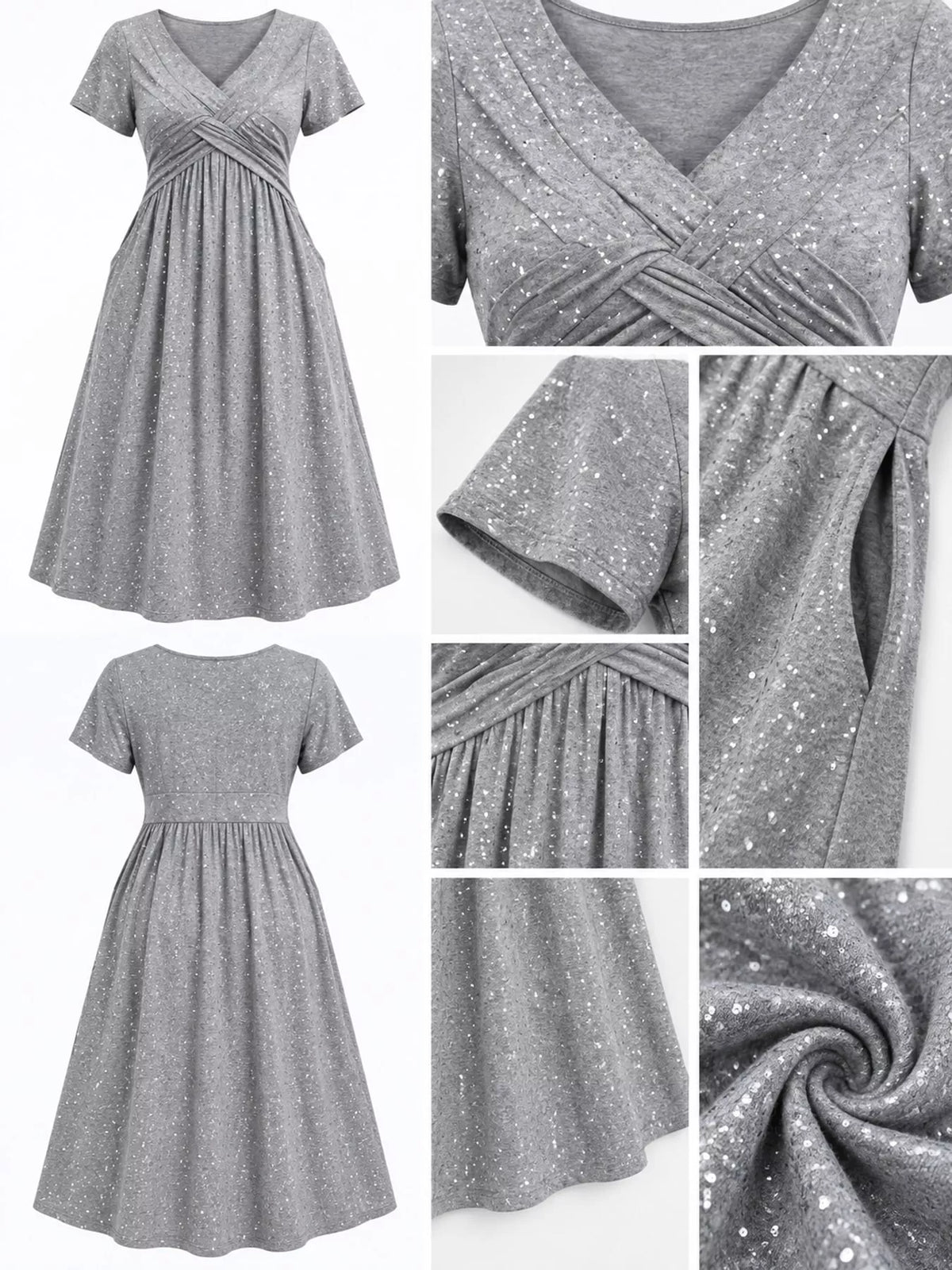 Gray speckled short sleeve midi dress with pockets, front, back and detail collage