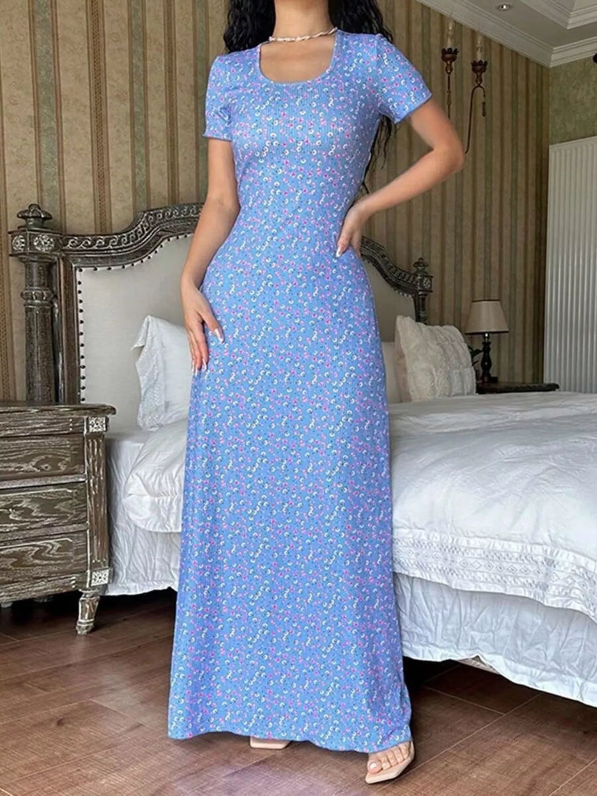 Short-Sleeve Tie-Back Maxi Dress in blue floral, front view