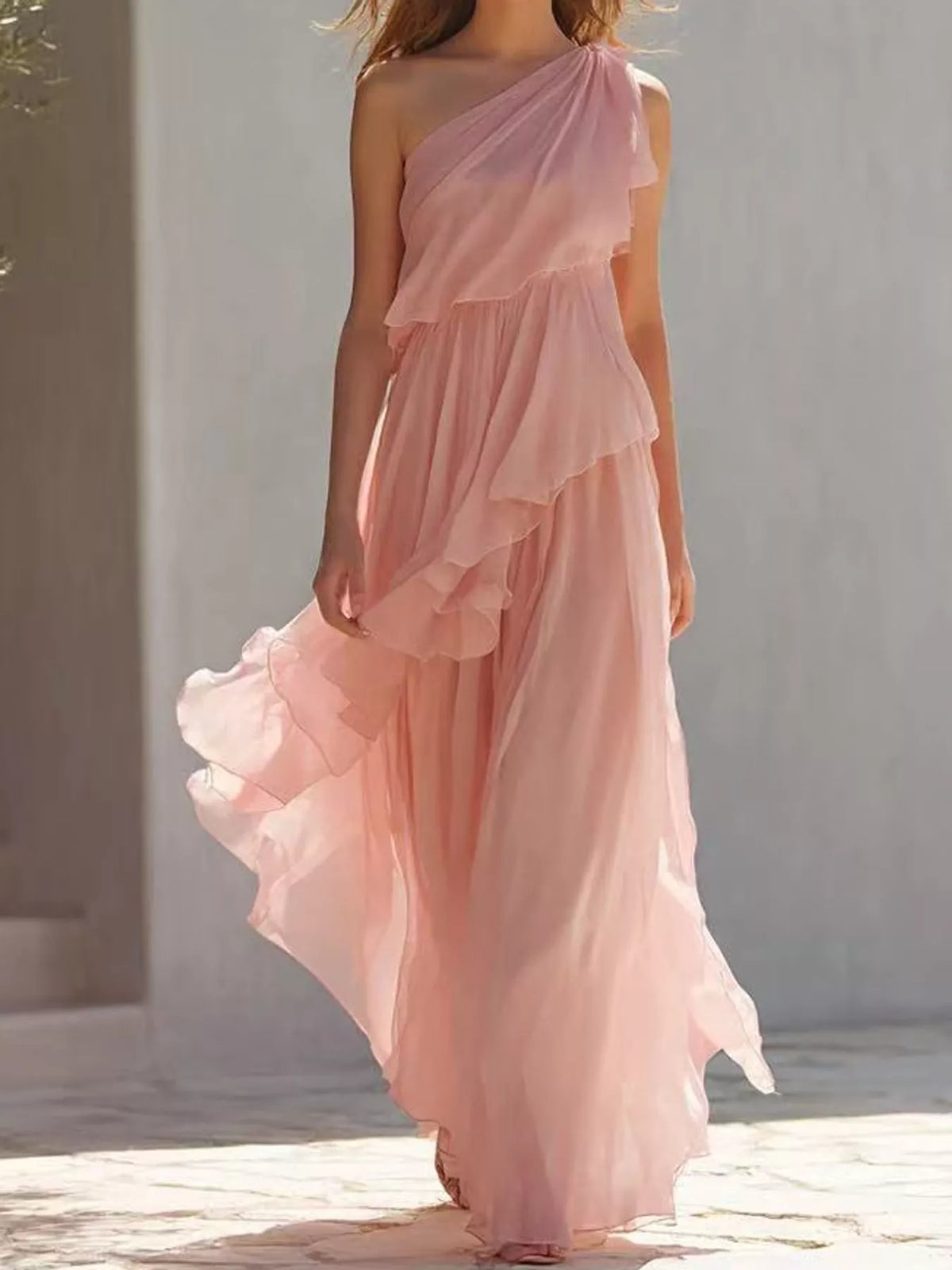 Women's One-Shoulder Ruffled Chiffon Maxi Dress in pink — front view