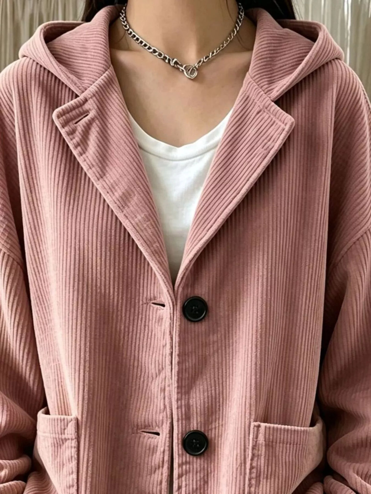 Women's Corduroy Button Up Hooded Jacket in pink — front view