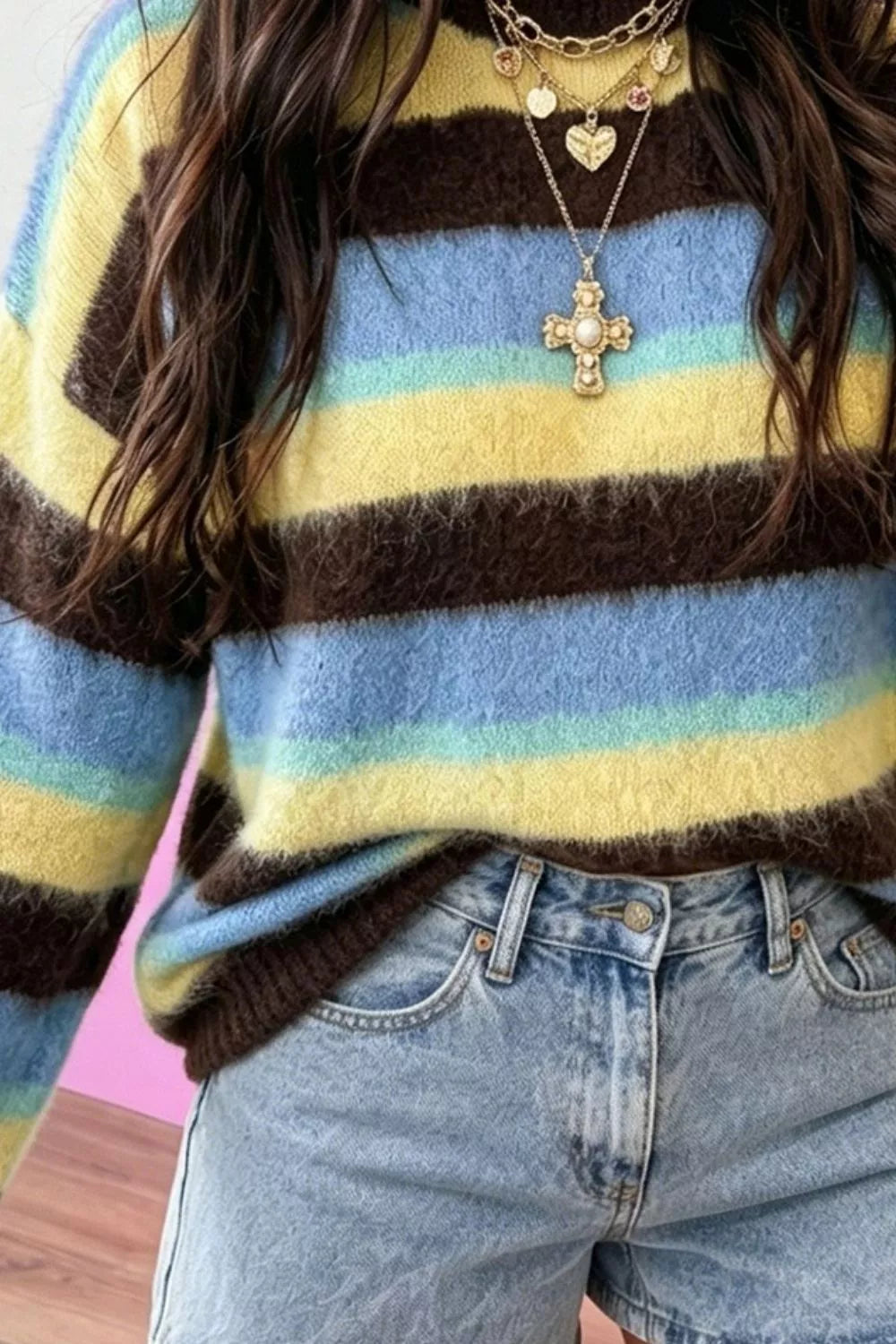 Women's Striped Fuzzy Dropped Shoulder Sweater in Stripe, back view