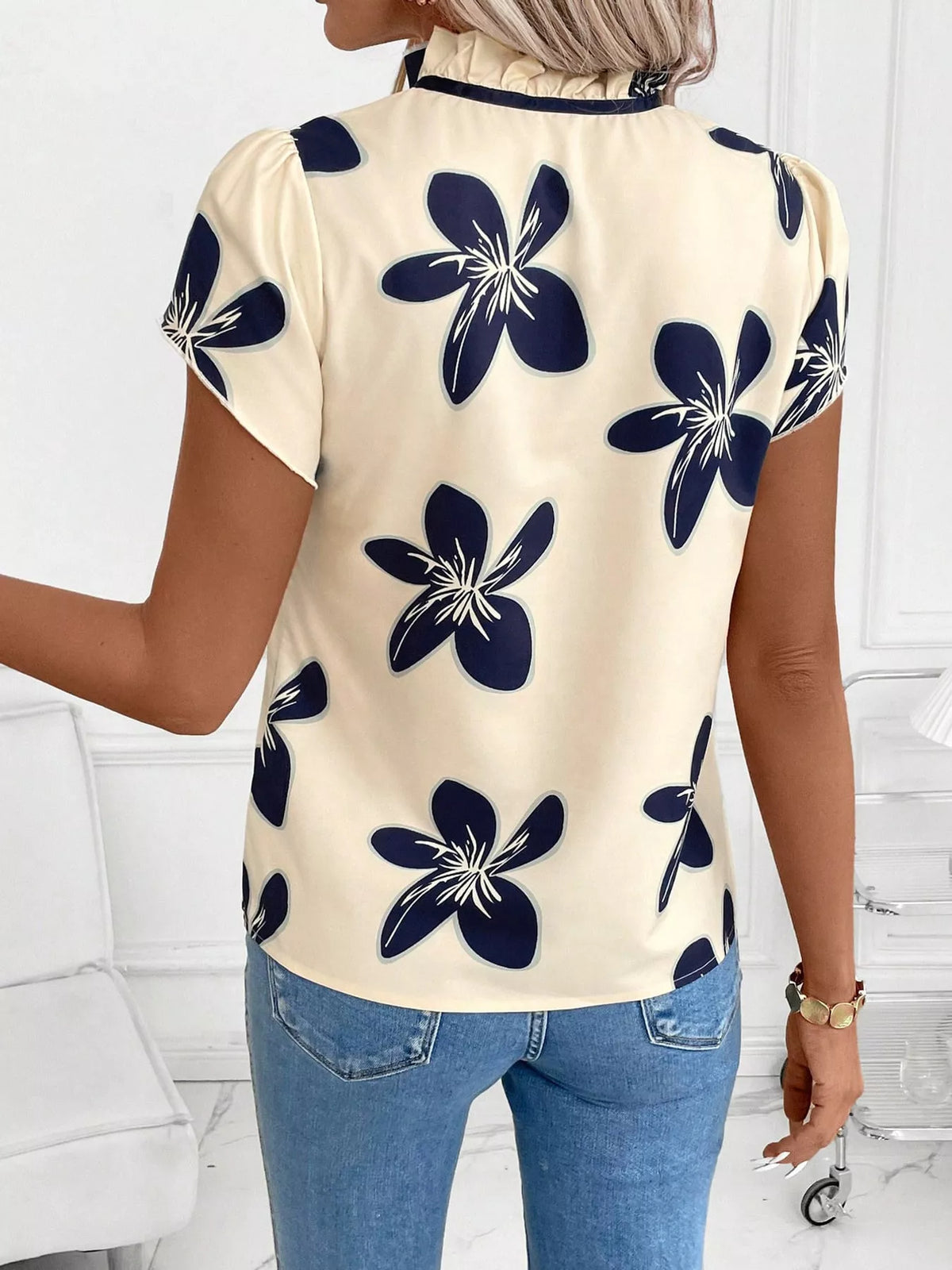 Contrast Trim Ruffle Sleeve Tie-Front Blouse, back view in cream and navy blue
