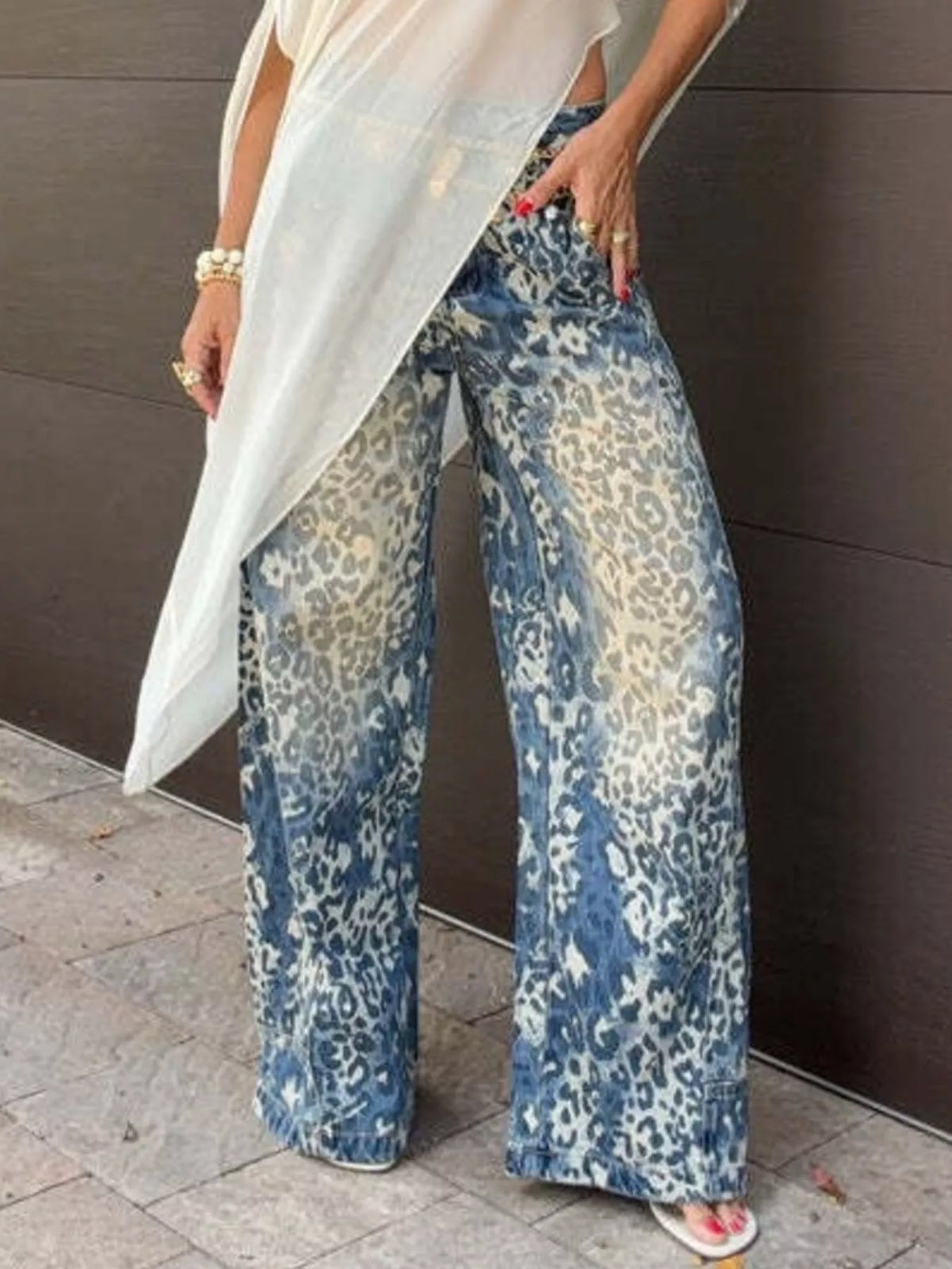 Blue high waisted leopard wide leg jeans, side view