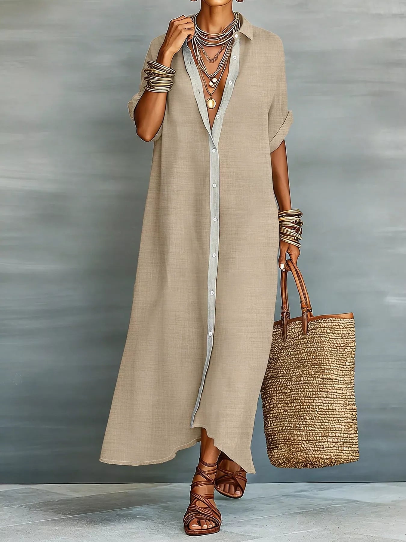 Trendsi Casual Linen Shirt Dress with Button-Down Front -