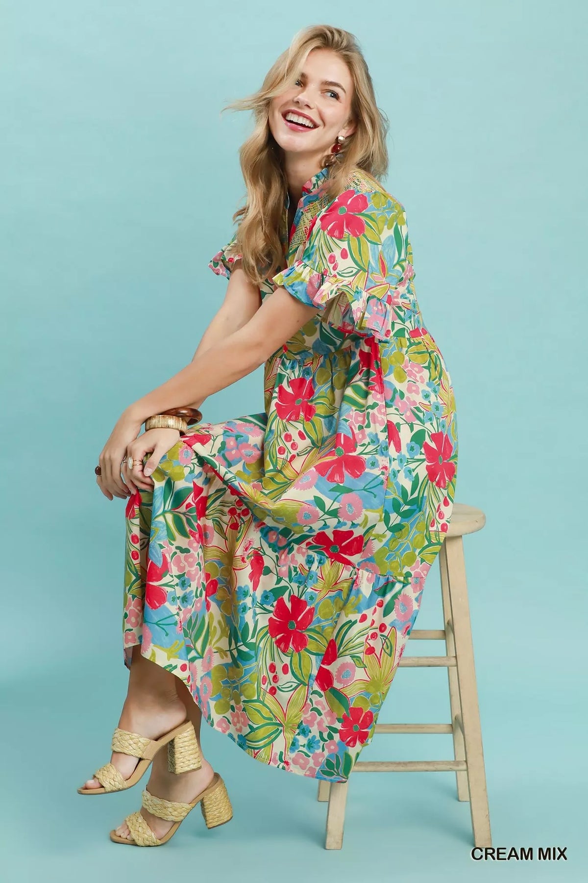 Women's Tropical Floral Tiered Midi Dress With Ruffle Sleeves — product view 4