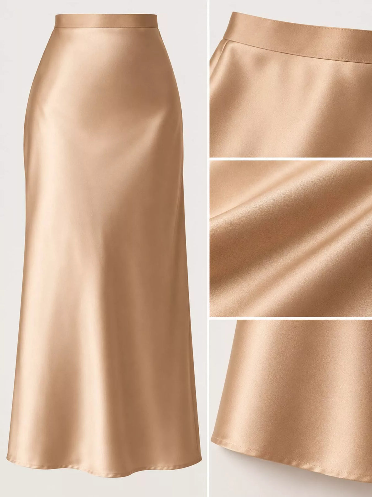 Satin midi skirt, gold waist fabric and hem details