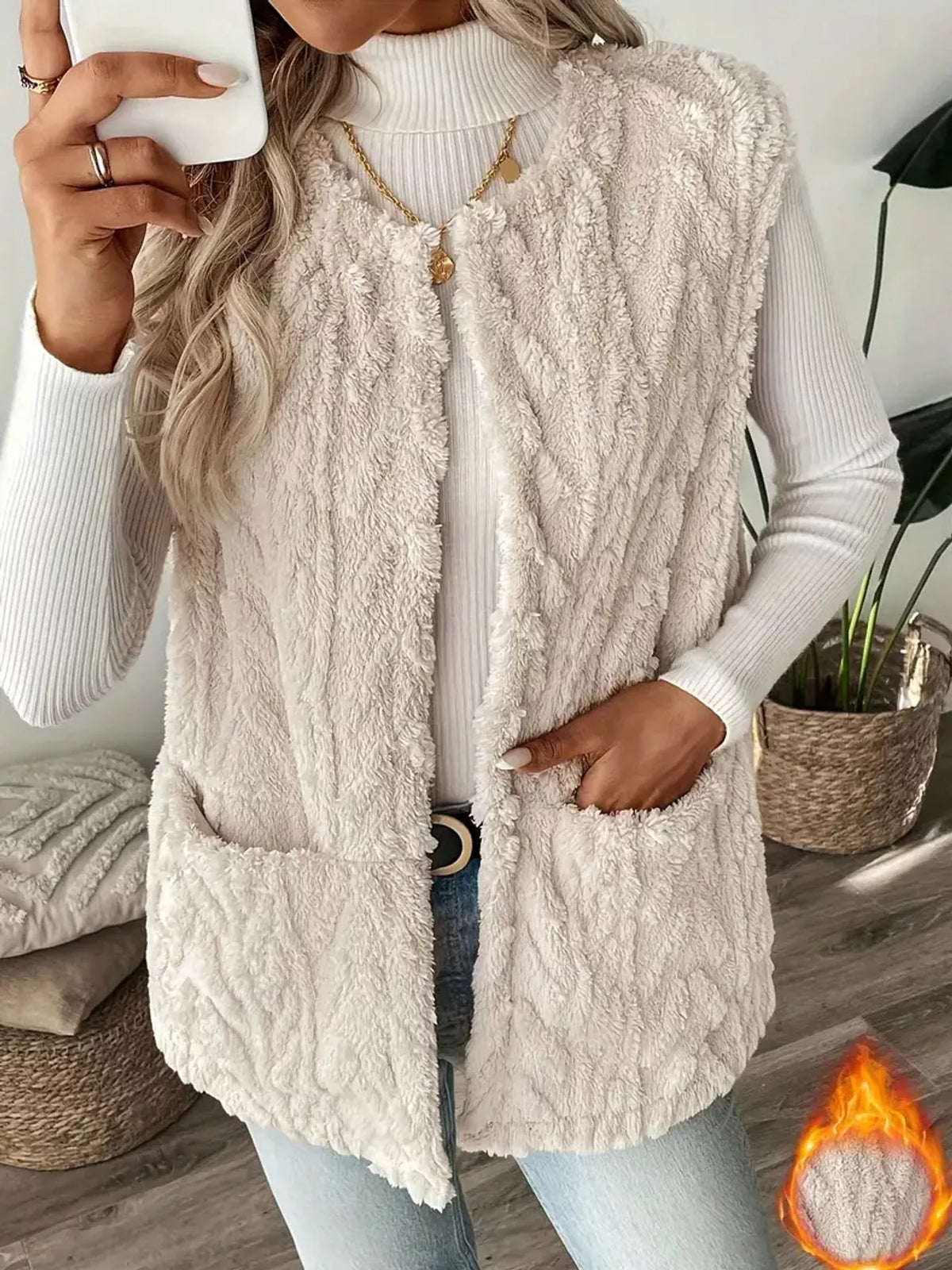 Cream sherpa open front vest coat