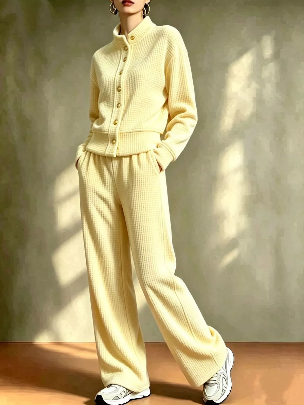Yellow waffle knit button-up outerwear and wide-leg pants set
