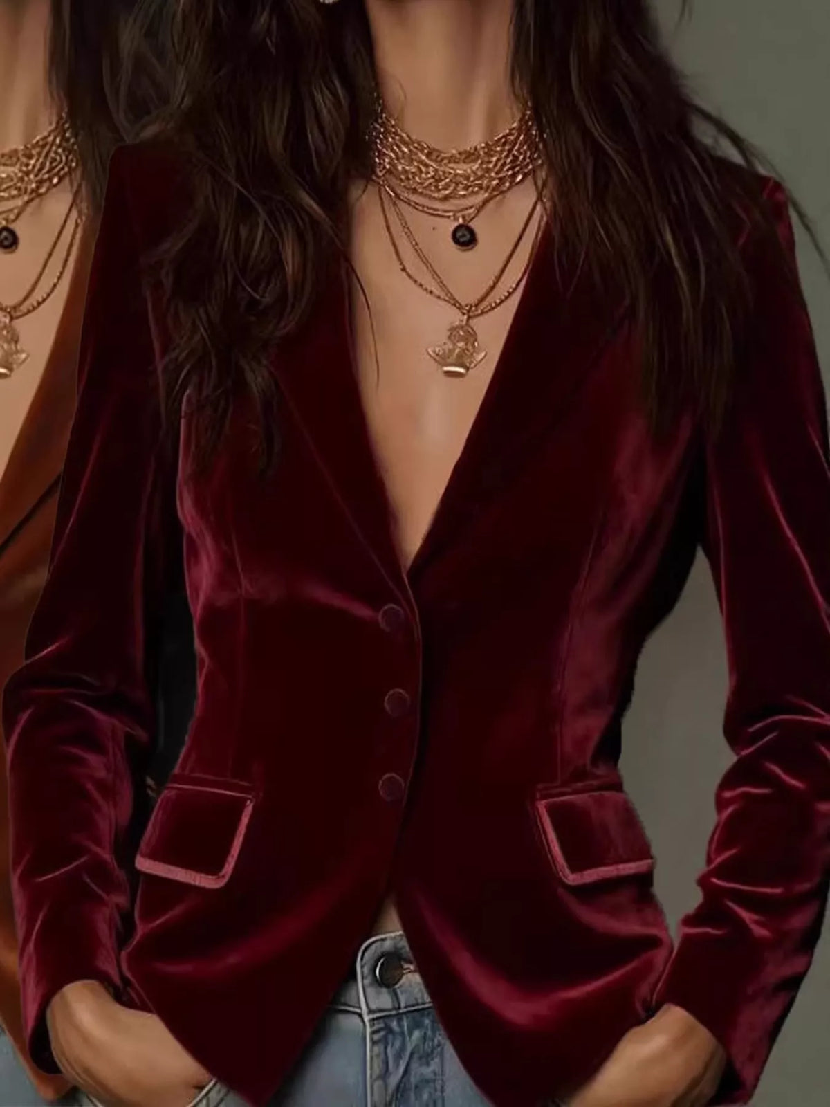 Collared long sleeve blazer, front view on model