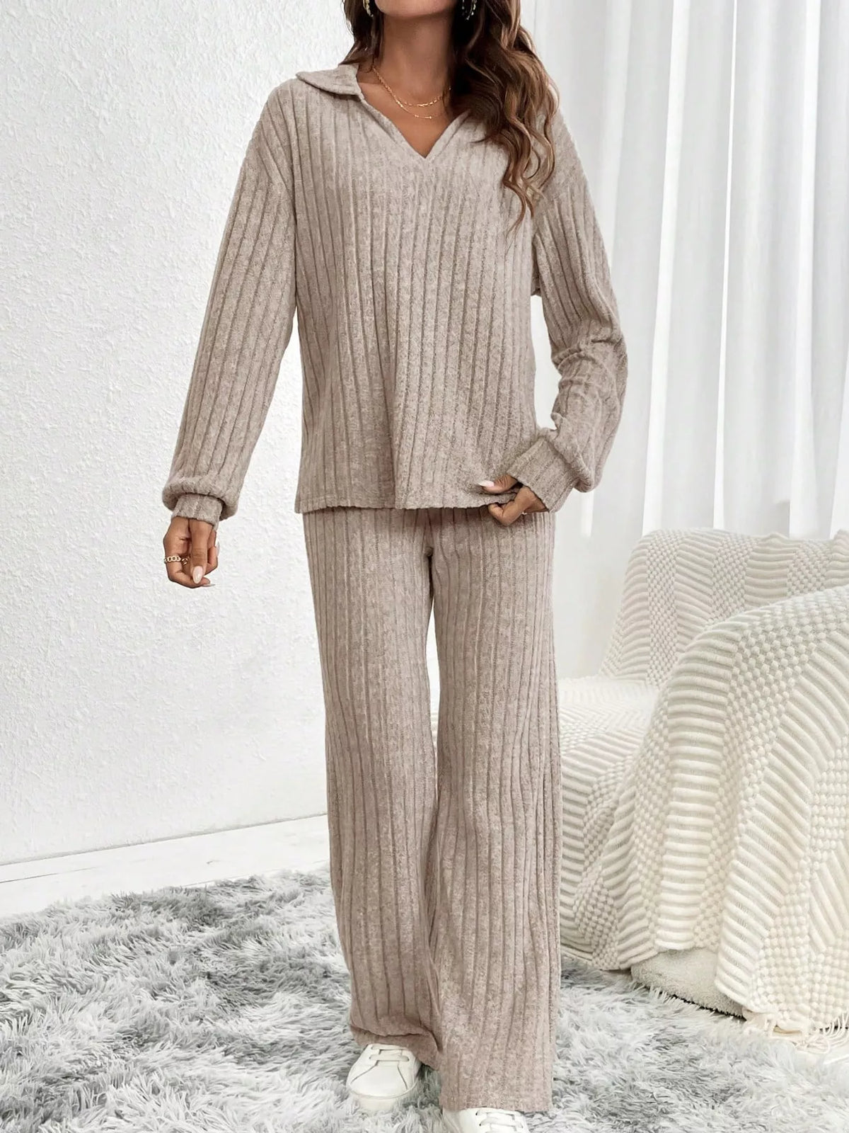 Ribbed Knit Collared Top and Wide Leg Pants Set in taupe