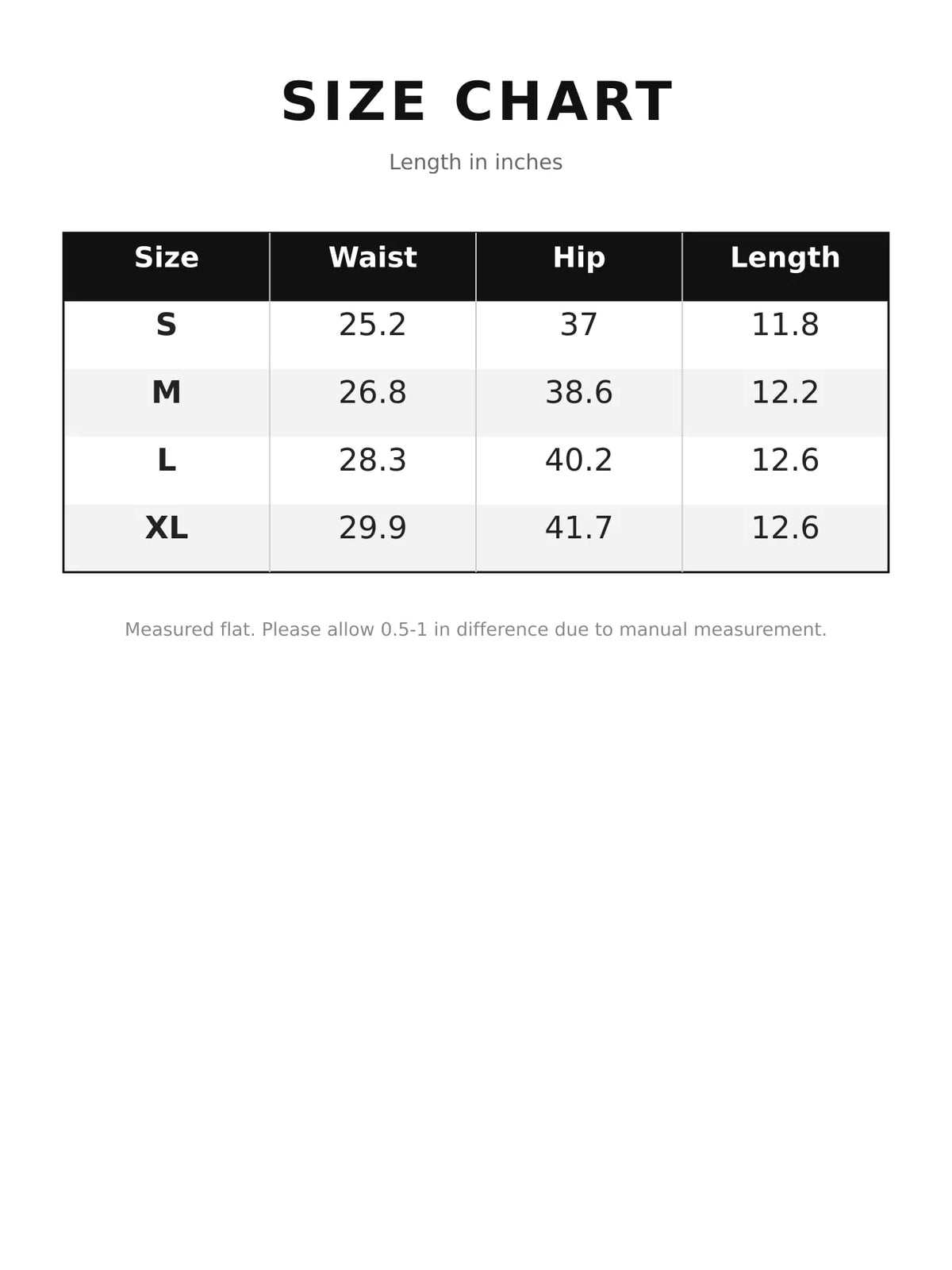 Size chart for denim shorts