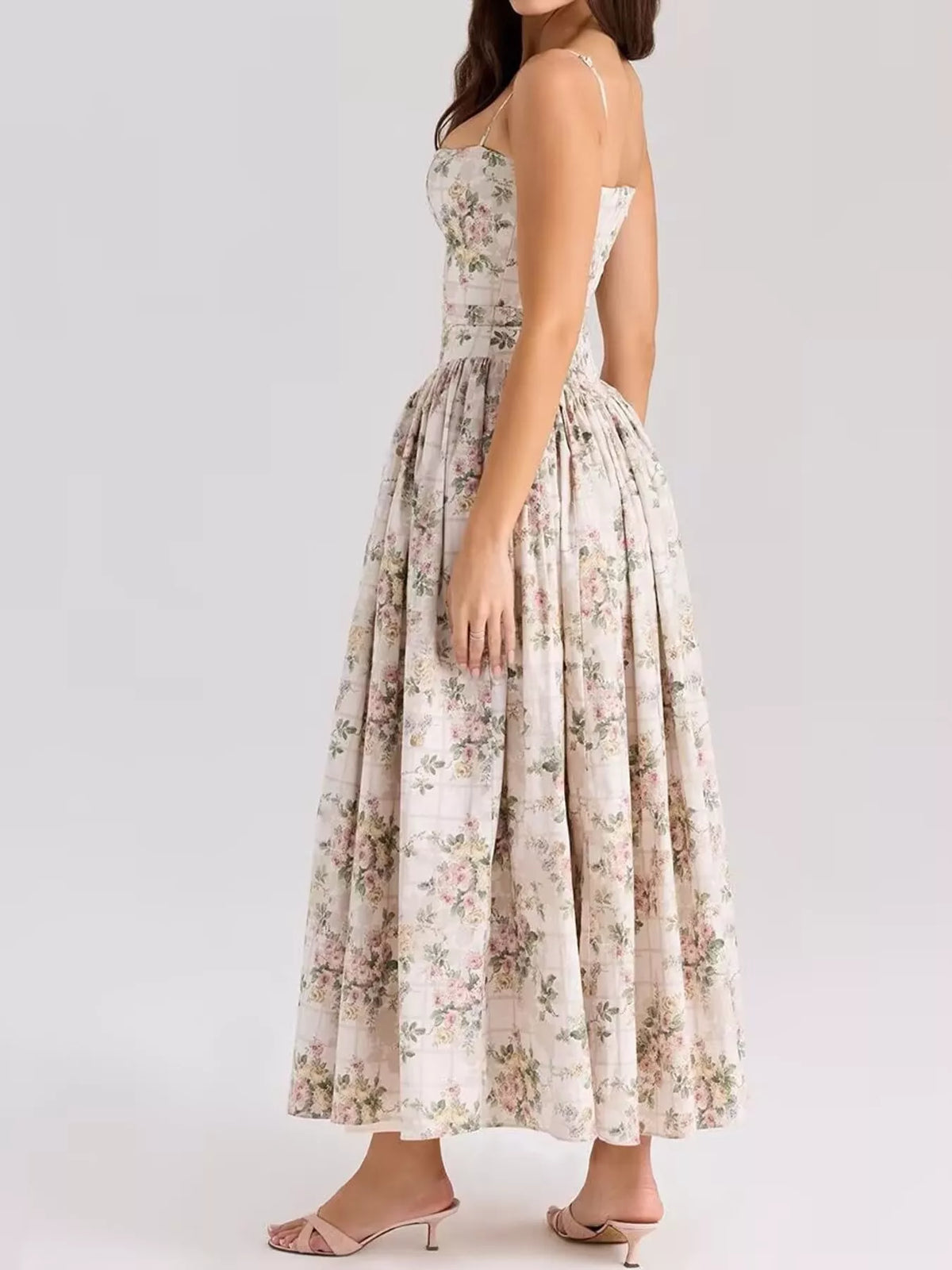 Women's Paneled Bodice Gathered Midi Dress in gray floral — side view