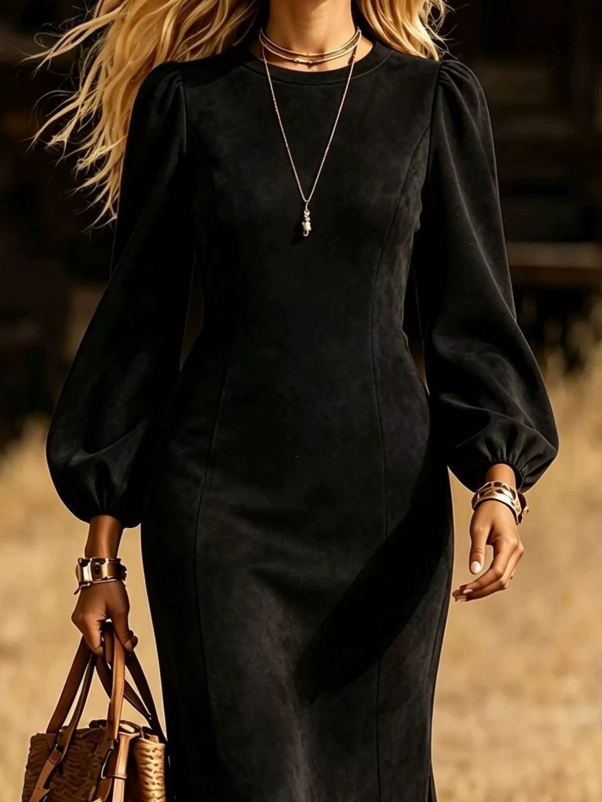 Women's Fringe Round Neck Balloon Sleeve Dress in black — hem detail view