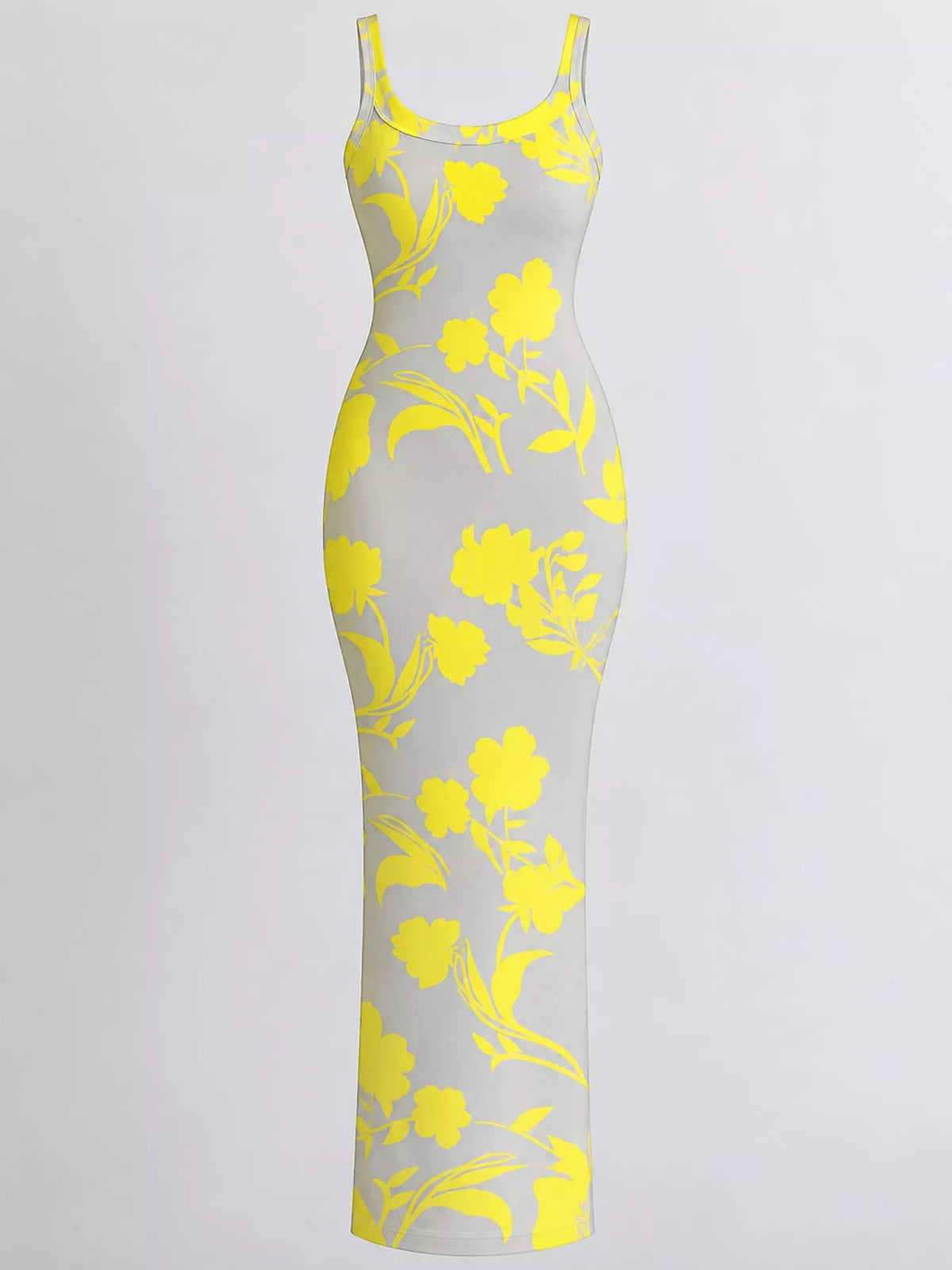 Bodycon maxi dress, yellow floral flat front