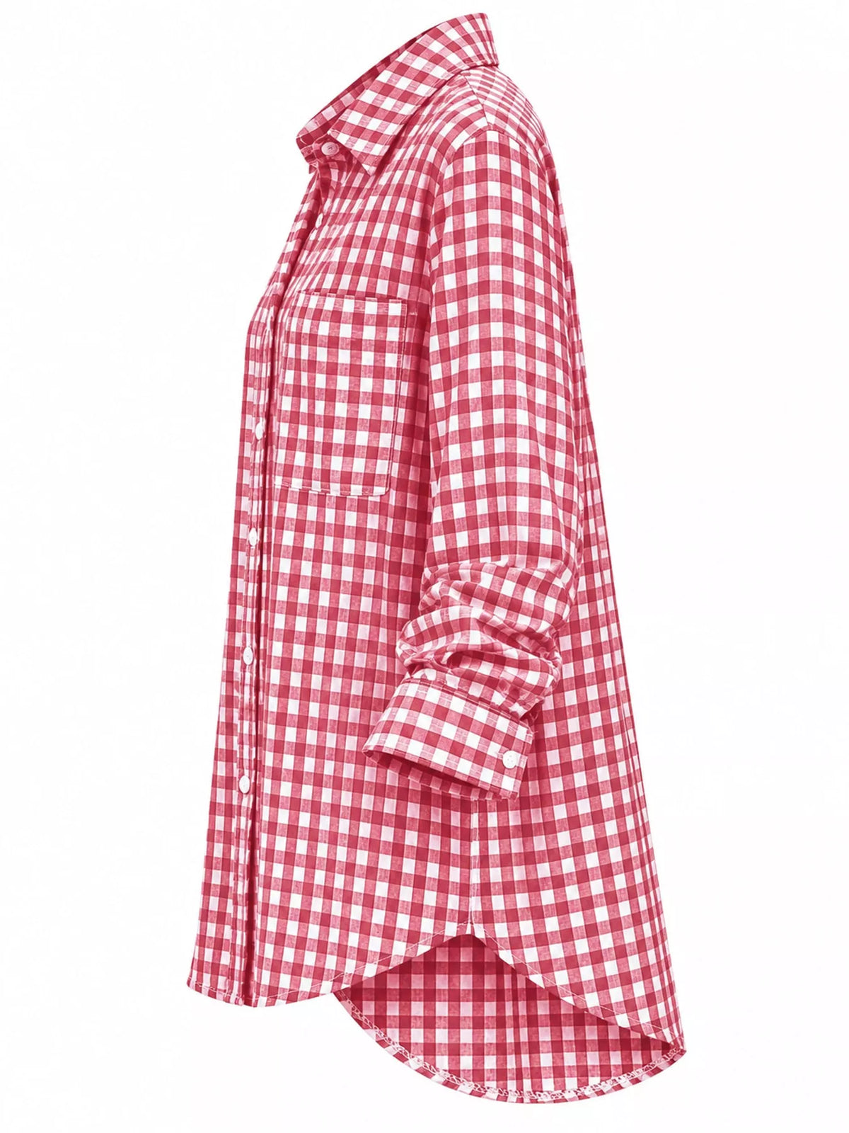 Red and white plaid button-down shirt, side view