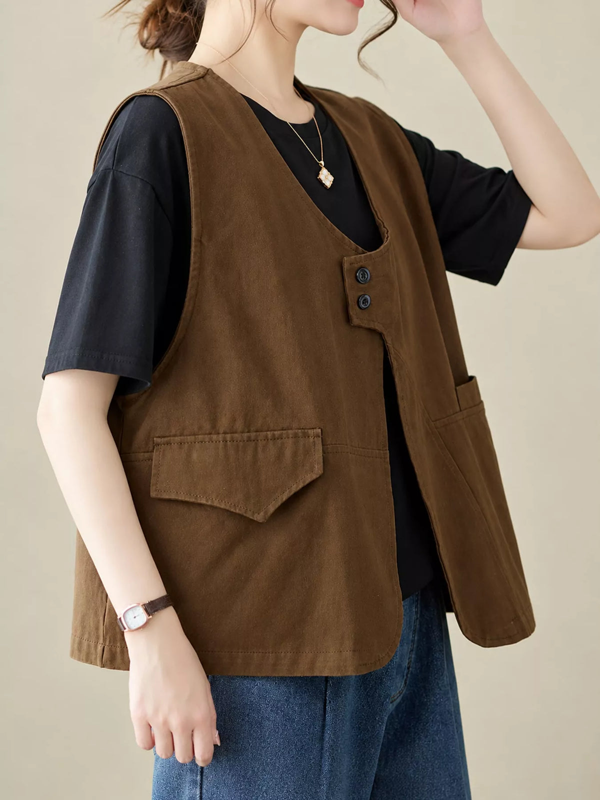 Asymmetric Button Closure Utility Vest Coat in brown